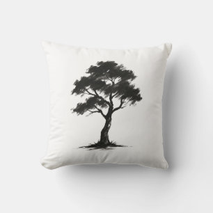 Minimalist Tree – Ink Brush Nature Illustration on Cushion