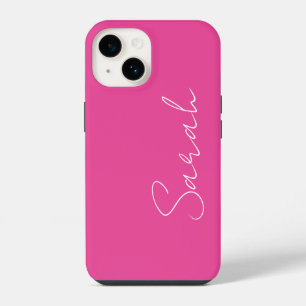 Minimalist Trendy Chic Pink and White Script Name iPhone 14 Case
