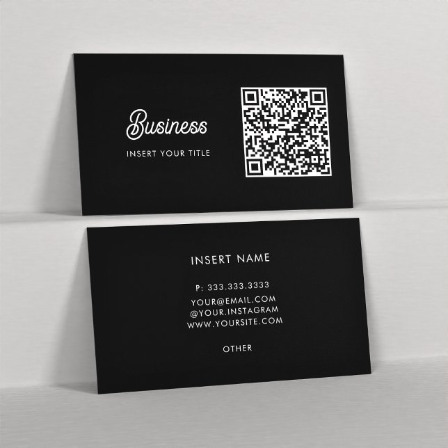 Minimalist Trendy Elegant QR Code Black Business Card (Front and Back)