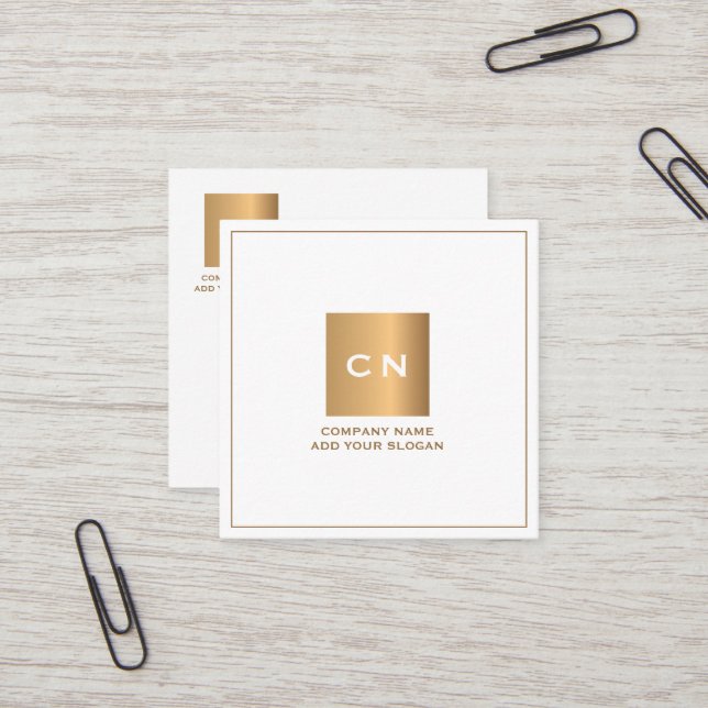 Minimalist Trendy Gold Square White Business Card (Front/Back In Situ)