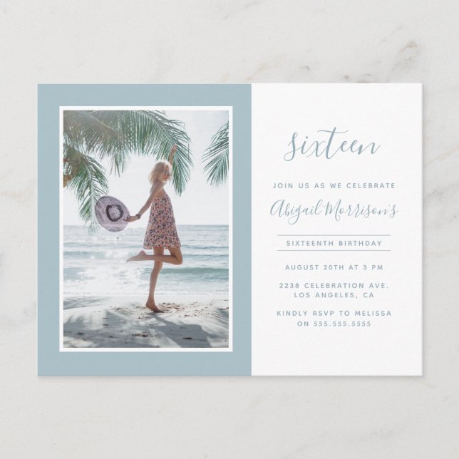 Minimalist Trendy Light Blue Photo Birthday Party Invitation Postcard (Front)