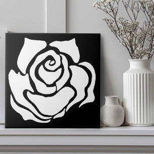 Minimalist Tribal Rose Black Abstract White Floral Ceramic Tile