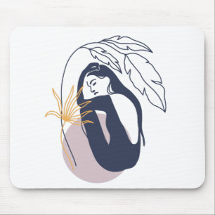 Minimalist Tropical Boho Woman in Blue Mouse Pad