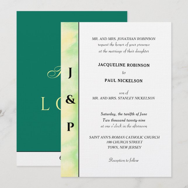 Minimalist Tropical Green Yellow Monogram  Invitation (Front/Back)