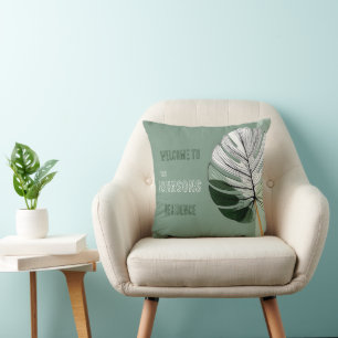 Minimalist Tropical Leaf with Custom Family Name Cushion