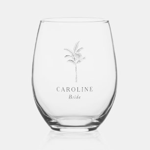 Minimalist Tropical Palm Tree Custom BRIDE Name Stemless Wine Glass