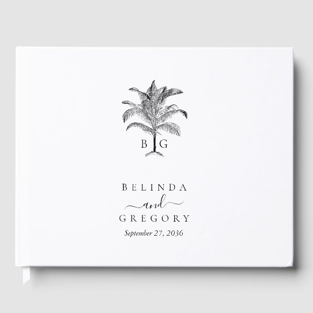Minimalist Tropical Palm Tree Monogram Wedding Guest Book (Front)