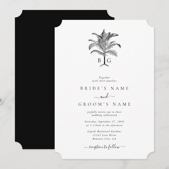 Minimalist Tropical Palm Tree Monogram Wedding Invitation (Front/Back)