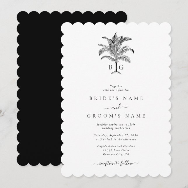 Minimalist Tropical Palm Tree Monogram Wedding Invitation (Front/Back)