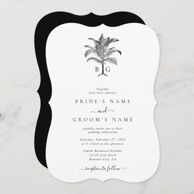 Minimalist Tropical Palm Tree Monogram Wedding Invitation (Front/Back)