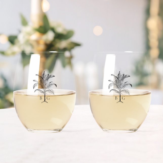Minimalist Tropical Palm Tree Monogram Wedding Stemless Wine Glass (Insitu (Wedding))