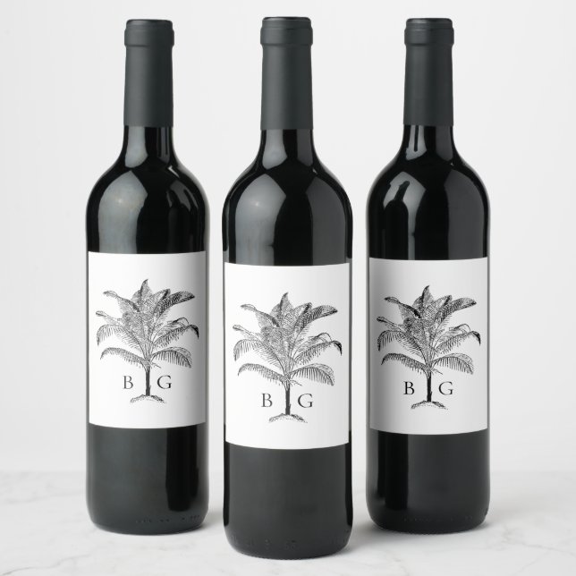 Minimalist Tropical Palm Tree Monogram Wedding Wine Label (Bottles)