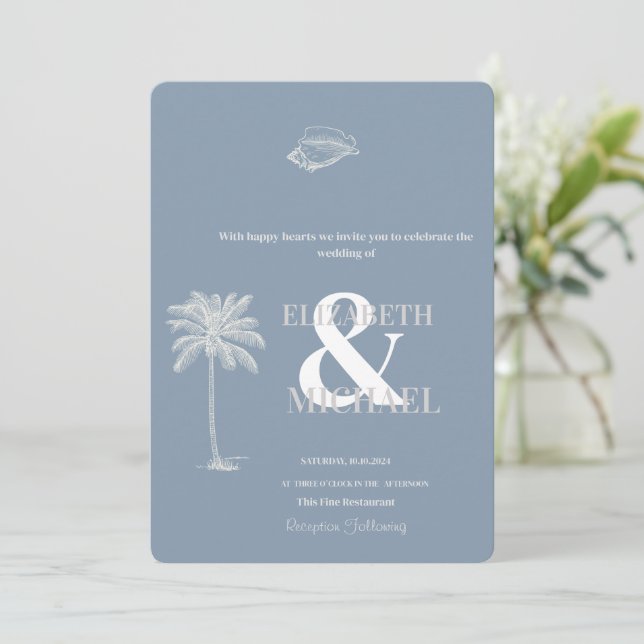 Minimalist Tropical Wedding Dusty Blue  Invitation (Standing Front)