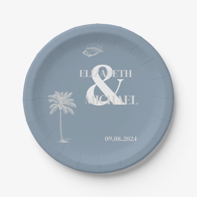 Minimalist Tropical Wedding Dusty Blue Paper Plate (Front)