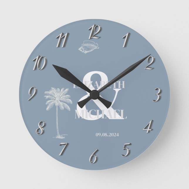 Minimalist Tropical Wedding Dusty Blue Round Clock (Front)