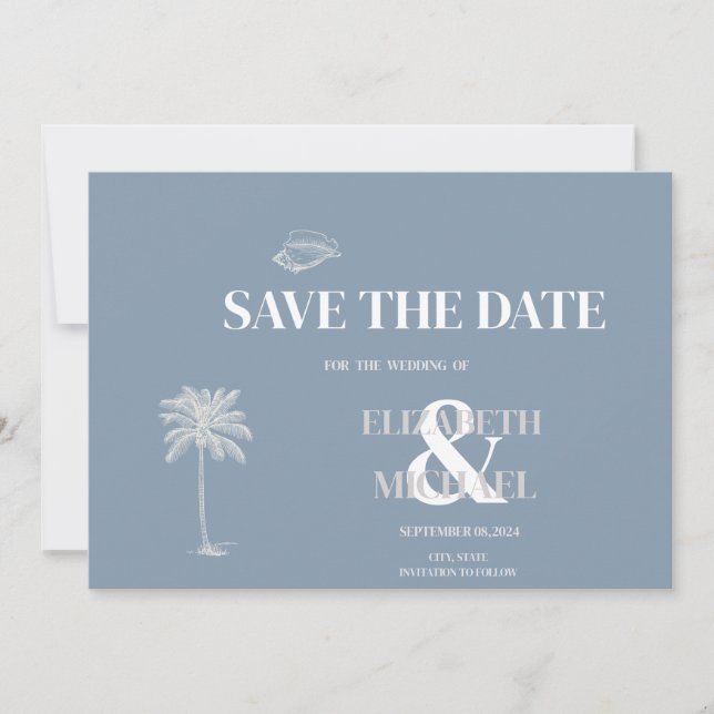 Minimalist Tropical Wedding Dusty Blue  Save The Date (Front)