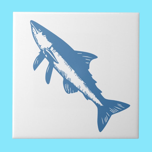 Minimalist Tuna Fish Line Art Blue Outline Coastal Ceramic Tile (Minimalist Tuna Fish Line Art Blue Outline Coastal Ceramic Tile
)