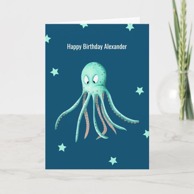 Minimalist Turquoise Octopus Personalised Birthday Card (Front)