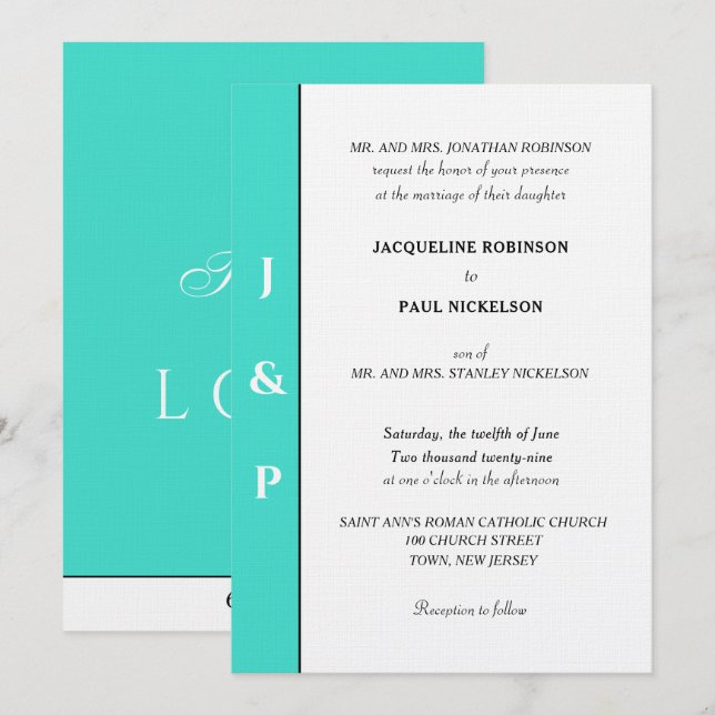 Minimalist Turquoise White Monogram  Invitation (Front/Back)