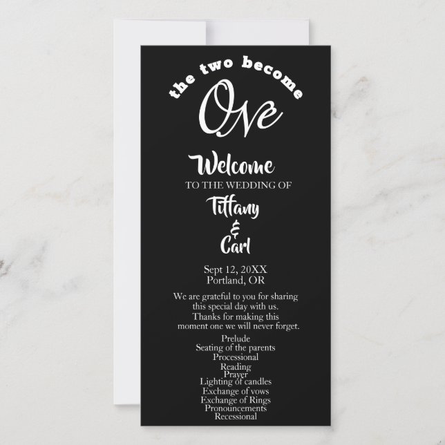 Minimalist Two Become One Black Wedding Program (Front)