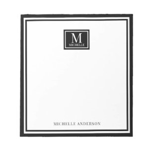 Minimalist Two Boarder Monogram Name Black White Notepad