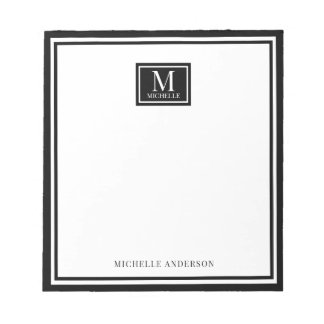 Minimalist Two Boarder Monogram Name Black White Notepad