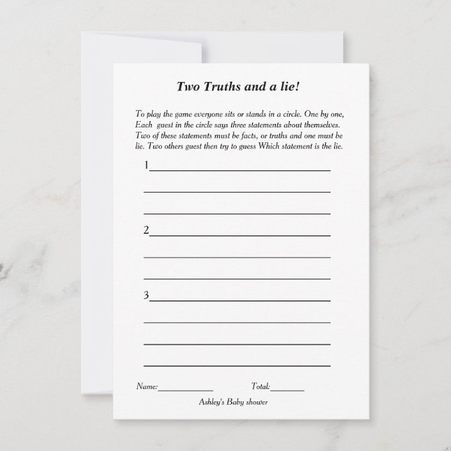 Minimalist two truths and a lie baby shower game invitation (Front)