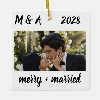 Minimalist Typewriter | Merry and Married Photo Ceramic Ornament