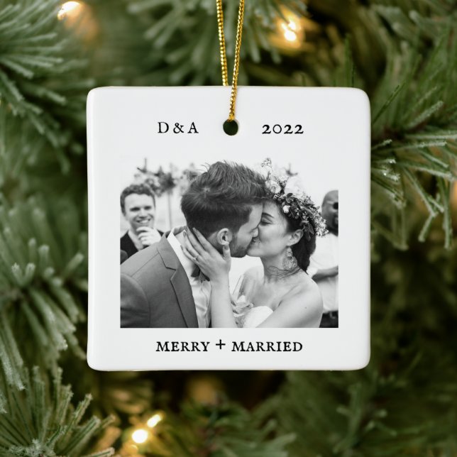 Minimalist Typewriter | Merry and Married Photo Ceramic Ornament (Tree)