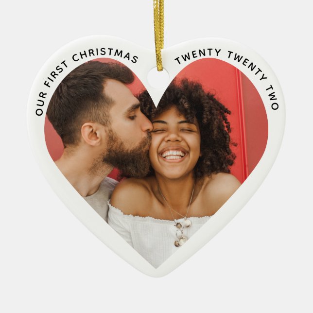 Minimalist Typewriter Merry Merried Photo Heart Ceramic Ornament (Front)