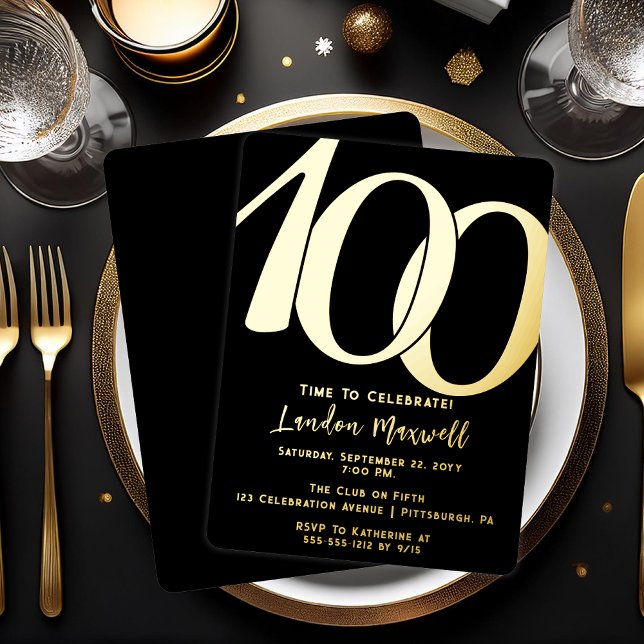 Minimalist Typography 100 100th Birthday Party (Elegant Minimalist Typography "100" 100th Birthday Party Foil Invitation)