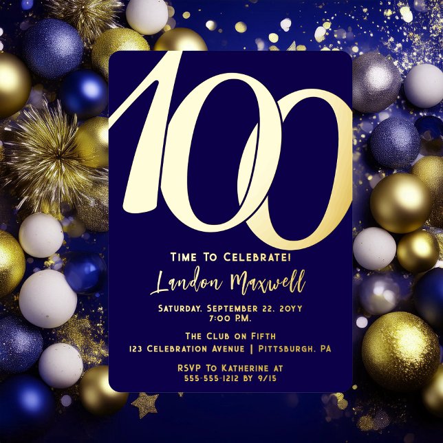 Minimalist Typography 100 100th Birthday Party (Elegant Minimalist Typography "100" 100th Birthday Party Dark Blue and Gold Foil Invitation)