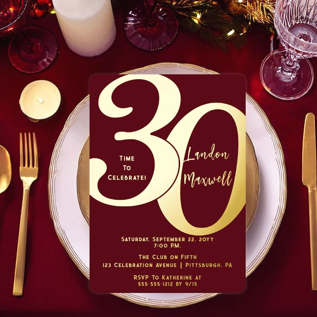 Minimalist Typography 30 30th Birthday Party (Elegant Minimalist Typography "30" 30th Birthday Party Burgundy and Gold Foil Invitation)