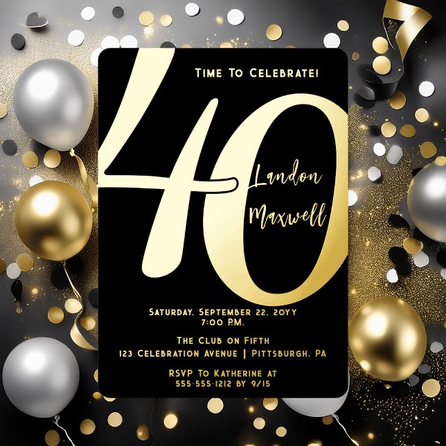 Minimalist Typography 40 40th Birthday Party (Elegant Minimalist Typography "40" 40th Birthday Party Foil Invitation)