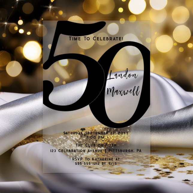 Minimalist Typography 50 50th Birthday Party Acrylic Invitations (Elegant Minimalist Typography "50" 50th Birthday Party Black and Clear Acrylic Invitation)