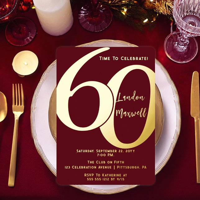 Minimalist Typography 60 60th Birthday Party (Elegant Minimalist Typography "60" 60th Birthday Party Burgundy and Gold Foil Invitation)