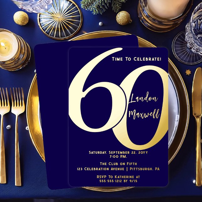 Minimalist Typography 60 60th Birthday Party (Elegant Minimalist Typography "60" 60th Birthday Party Dark Blue and Gold Foil Invitation)