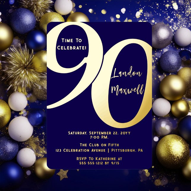 Minimalist Typography 90 90th Birthday Party (Elegant Minimalist Typography "90" 90th Birthday Party Dark Blue and Gold Foil Invitation)