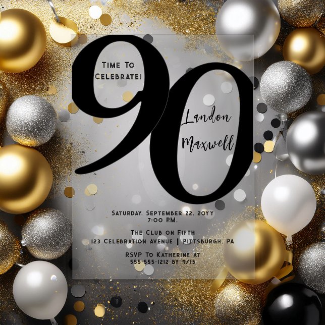Minimalist Typography 90 90th Birthday Party Acrylic Invitations (Elegant Minimalist Typography "90" 90th Birthday Party Black and Clear Acrylic Invitation)