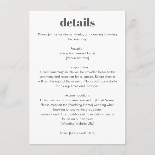 Minimalist Typography Black White Wedding Details Enclosure Card (Front)