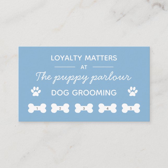 Minimalist typography blue dog grooming loyalty business card (Front)