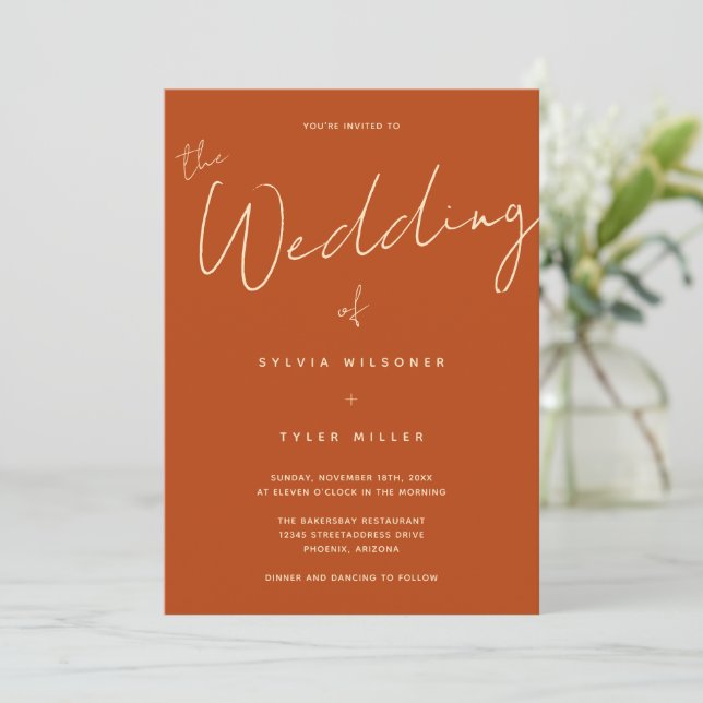 Minimalist Typography Burnt Orange Wedding Invitation (Standing Front)