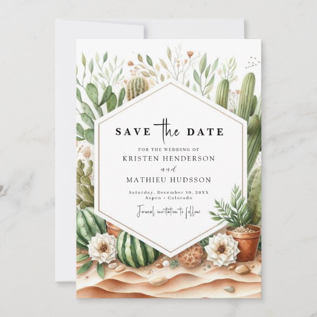 Minimalist Typography Cactus Wedding Save The Date (Front)