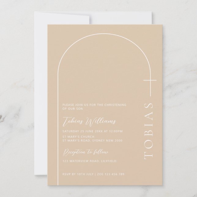 Minimalist Typography cross beige arch baptism Invitation (Front)