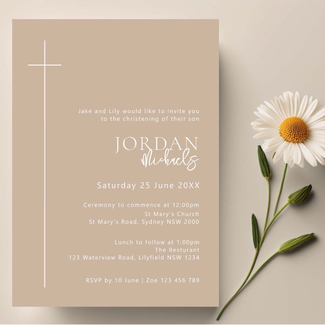 Minimalist Typography cross beige arch baptism Invitation (Creator Uploaded)