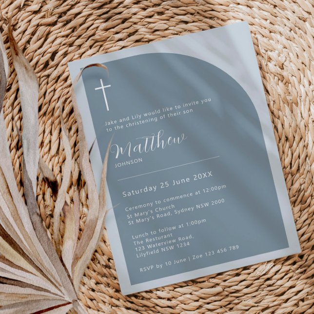 Minimalist Typography cross blue arch baptism Invitation (Creator Uploaded)