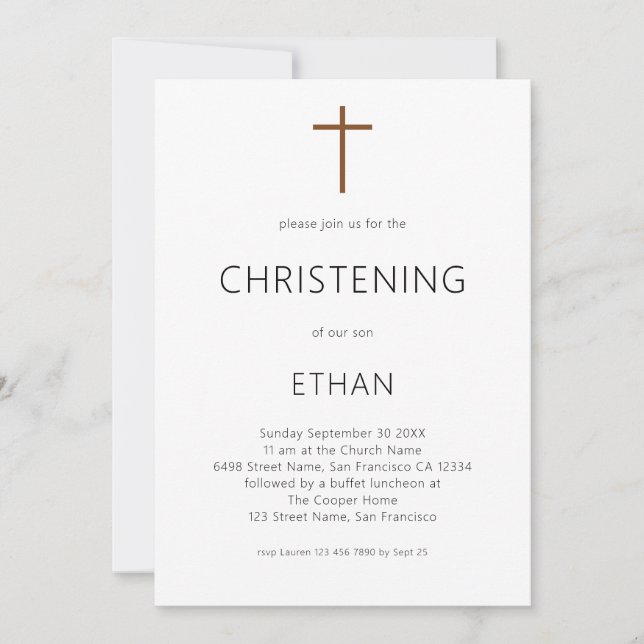 Minimalist Typography Cross Christening Invitation (Front)