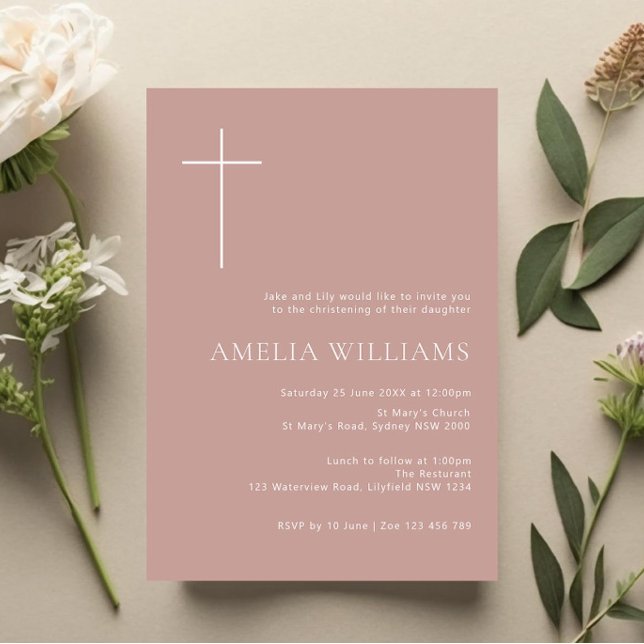 Minimalist Typography cross rose pink arch baptism Invitation (Creator Uploaded)