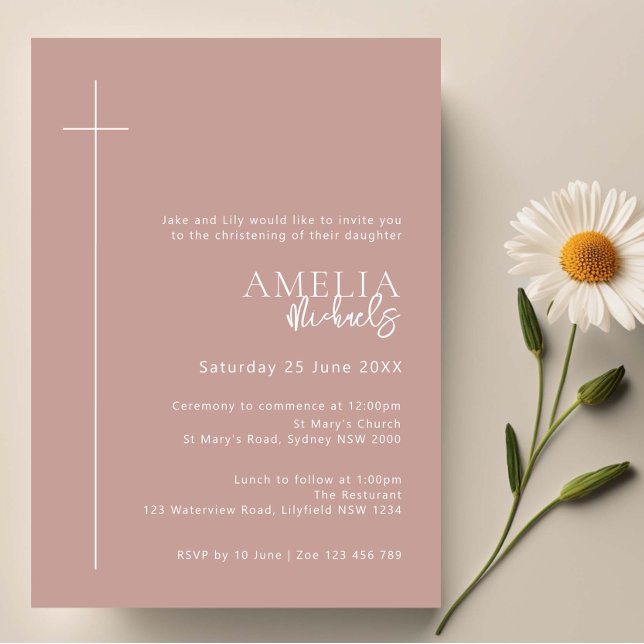 Minimalist Typography cross rose pink arch baptism Invitation (Creator Uploaded)