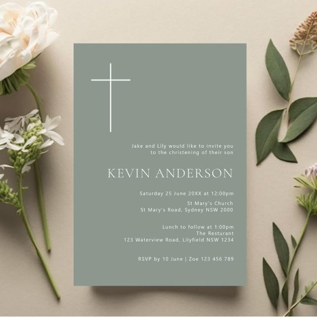 Minimalist Typography cross sage arch baptism Invitation (Creator Uploaded)
